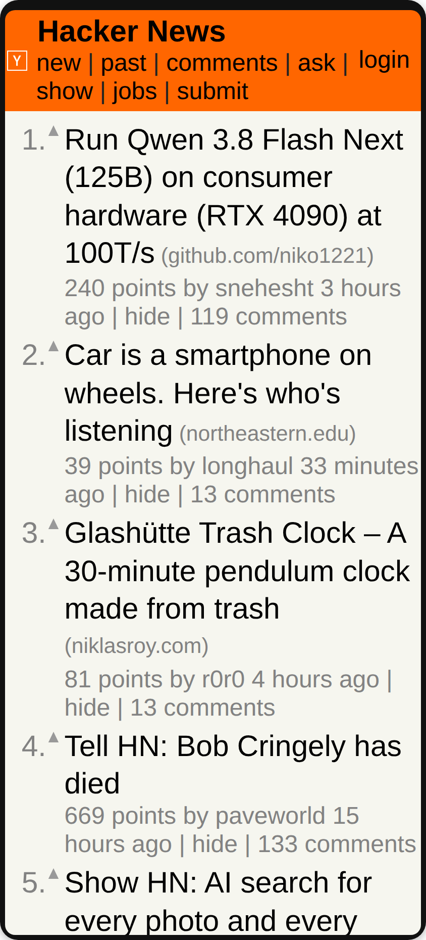 Hacker News: the same page with text at 200%