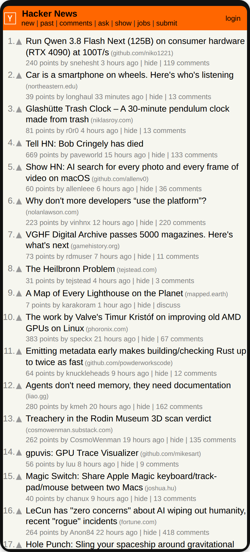 Hacker News: page at normal text size