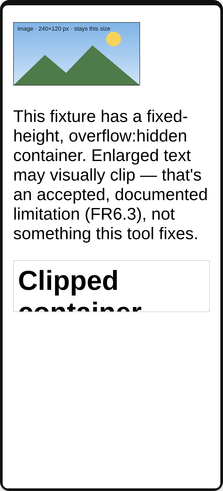 Fixed-height container: the same page with text at 200%