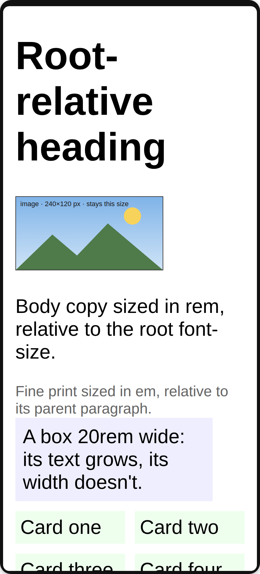 Root-relative sizing (rem/em): the same page with text at 200%