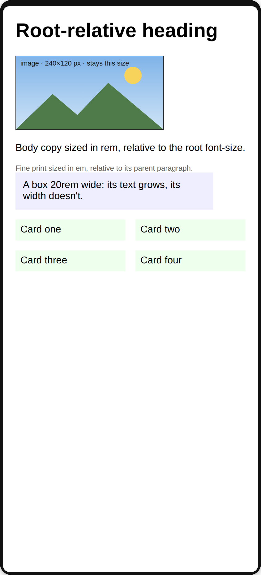 Root-relative sizing (rem/em): page at normal text size